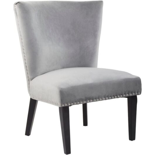 Grey Dining Chair/ Dark Antique Rubber Wood Legs Chairs For Bedroom Velvet Upholstery Winged Back With Padded Detail For Living Room / Dining Room 75