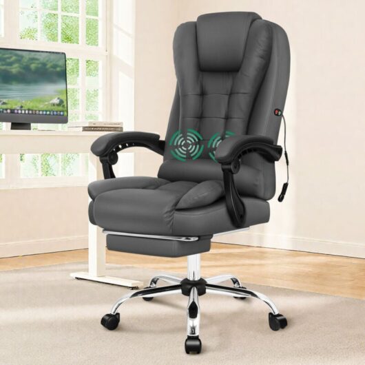 Elfordson - 2-Point Massage Office Chair, Gaming Chair with Footrest, Lumbar Support and Padded Armrest, High Back 150° Reclining, pu Leather, Grey