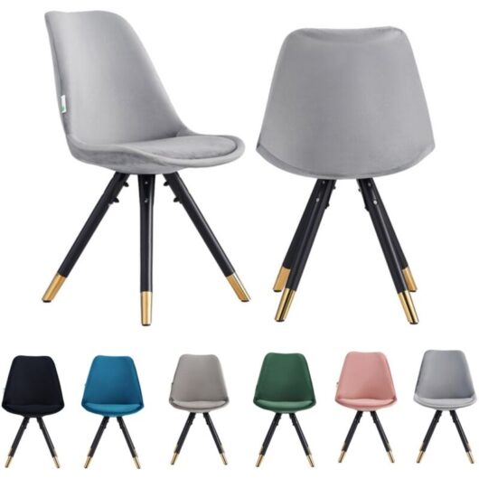 Set of 2 Light Grey Sofia Ergonomic Modern Dining Chairs Upholstered in Velvet, Metal Legs with Gold End Tips