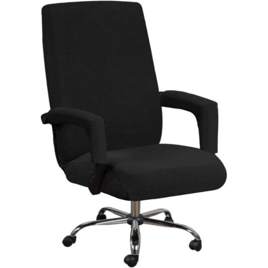 Office chair cover, swivel chair cover, removable stretchable elastic fabric chair cover with 2-piece armrest cover, Black (XL)